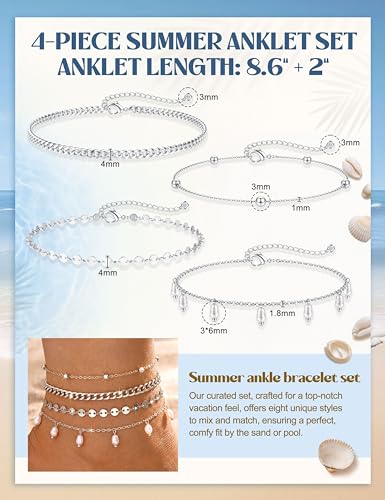 Subiceto Ankle Bracelets for Women Waterproof - 14K Gold Plated Non Tarnish Anklets Set Dainty Stainless Steel Stackable Layered for Beach Summer Jewelry Adjustable - color: 4Pcs Pearl-Silver