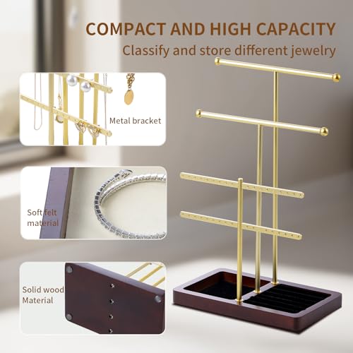 modern T-shaped jewelry rack, jewelry tower, gold metal, square ceramic base decoration display tower, necklace, bracelet, ring storage rack (4-layer wooden pallet black) - style: 4-layer wooden pallet black