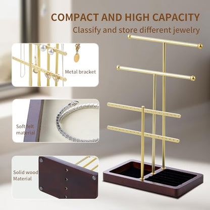 modern T-shaped jewelry rack, jewelry tower, gold metal, square ceramic base decoration display tower, necklace, bracelet, ring storage rack (4-layer wooden pallet black) - style: 4-layer wooden pallet black