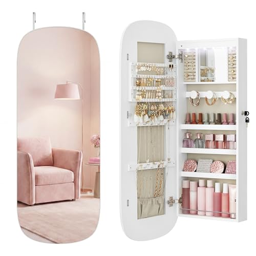 SONGMICS HOME Jewelry Armoire, Mirror Jewelry Cabinet, Full Length Mirror with Storage, Wall or Over The Door Jewelry Organizer Cabinet, Built-in LED, Lockable Armoire, White - color: White, style: 42.5-Inch with Rounded Corner Mirror