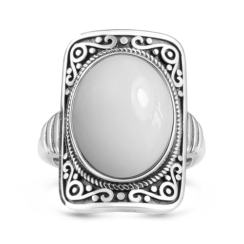 Big Oval Stone Ring,Rectangle Square Vintage Retro Sterling Silver Natural Crystal Quartz Gemstone Boho Bohemian Statement Ring Jewelry for Women Her - color: A02_White Jade