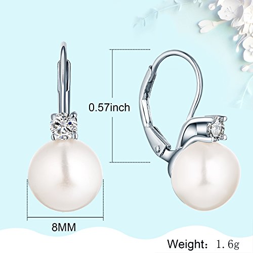 JO WISDOM 925 Sterling Silver Cubic Zirconia Freshwater Cultured Pearl Drop & Dangle Leverback Earrings - color: 8mm-white