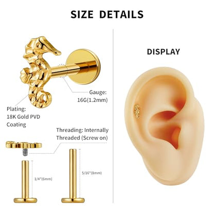FINE4U 1PC 16G ASTM F136 Titanium Octopuses Piercings Jewelry with 6mm 8mm Post for Conch Helix Flat Labret 16G 6mm 8mm - color: Seahorses- Gold