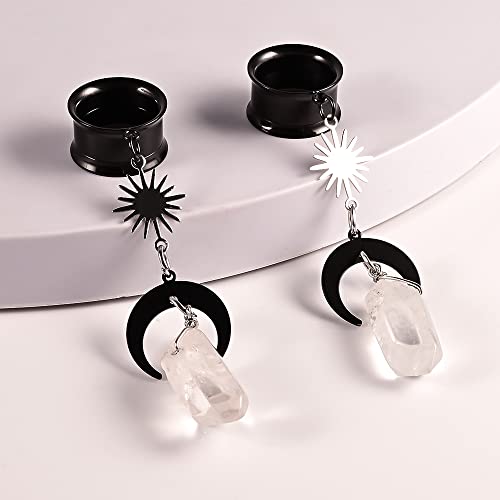 2PCS Moon-Pendant Natural Stone Stainless Steel Dangle Ear Plugs Tunnels Stretcher Piercing Body Jewelry - size: 6mm(2G)