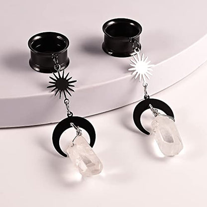 2PCS Moon-Pendant Natural Stone Stainless Steel Dangle Ear Plugs Tunnels Stretcher Piercing Body Jewelry - size: 25mm(1")