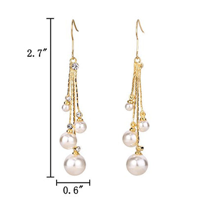 EleQueen Women's Silver-tone Crystal Simulated Pearl 4 Chain Bridal Long Dangle Hook Earrings Ivory Color - color: A-Gold-tone