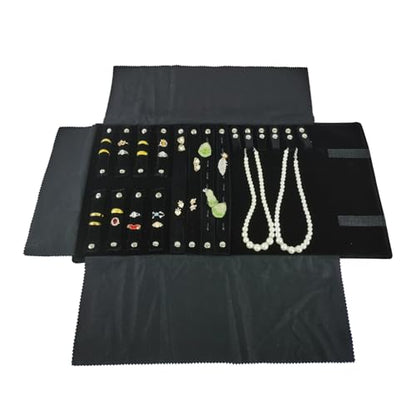 Velvet Travel Jewelry Case Roll Bag Organizer for Necklace Bracelet Earrings Ring (Black) (Black(4+2+2+6)) - color: Black (4+2+2+6)