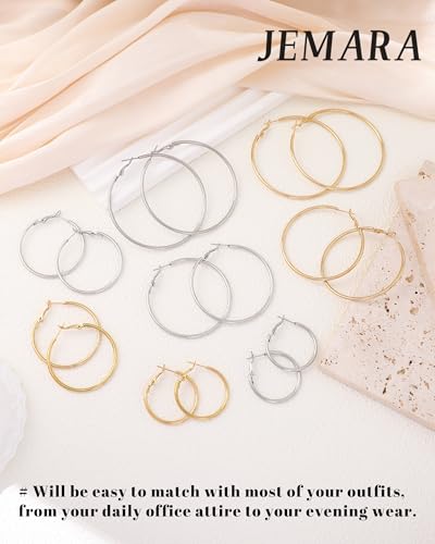JEMARA Gold Hoop Earrings for Women Hypoallergenic Stainless Steel Large Thin Gold Hoop Earrings Lightweight Big Hoops Aretes de Acero Inoxidable para Mujer 30/40/50/60MM - color: Silver-30mm