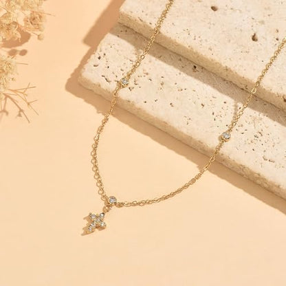 Dainty 18K Gold Plated Lariat Necklace for Women Delicate Y Chain Rose Pearl Diamond Long Drop Necklace Layering Bridal Jewelry Gift - color: Tiny CZ&Cross-Gold
