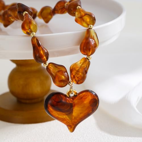 Chunky Heart Necklaces for Women Colorful Resin Beaded Necklaces for Women Gold Puffy Heart Statement Necklace Trendy Acrylic Choker Jewelry Gift - color: A