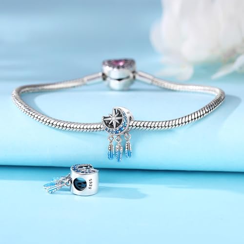 925 Sterling Silver Charms for Bracelets and Necklace Religious Cross Pendants Praying Hands, Bible, Virgin Mary, Jesus, Church Bead Jewelry - color: Star Moon Tassel Feather