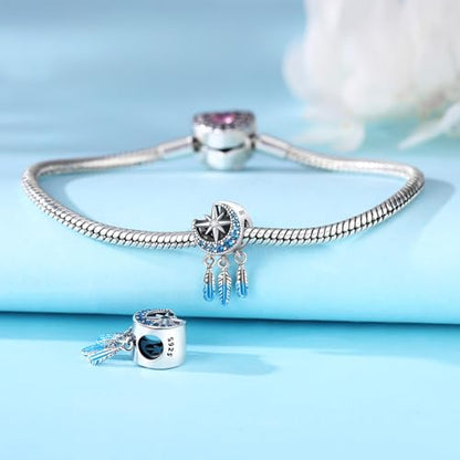 925 Sterling Silver Charms for Bracelets and Necklace Religious Cross Pendants Praying Hands, Bible, Virgin Mary, Jesus, Church Bead Jewelry - color: Star Moon Tassel Feather