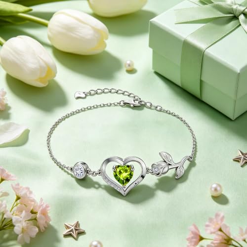 1CT Rose Heart Birthstone Bracelet for Women Love Gift - style: Aug Olive Silver
