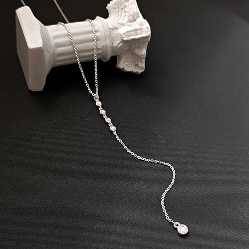 Zeffy Lariat Gold Necklace for Women, Dainty Long Necklace 14k Gold/Silver Plated Layered CZ Beaded Bar Chain Y-Shaped Body Chain Stack Drop Wedding Necklace Trendy Simple Gold Jewelry Gifts - color: Silver CZ Y Necklace(1PCS)
