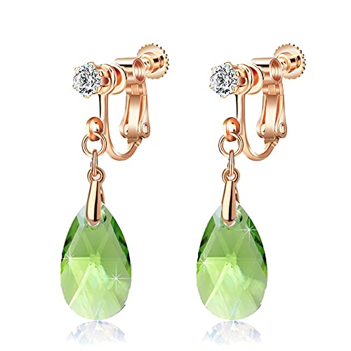 EVEVIC Austrian Crystal Teardrop Clip On Drop Earrings for Women | Adjustable Screw-Back Fit, 14K Rose Gold-Plated, Soft Silicone Pads Included, Comfortable For Pierced Or Non-Pierced Ears - color: Green