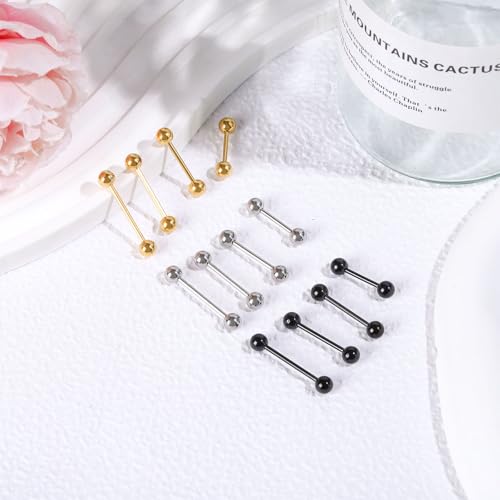 NEWITIN 48 Pieces 14G Stainless Steel Nipple Tongue Rings for Women Men | Hypoallergenic, Straight Barbells Piercing Jewelry Set, Silver Black Gold Bridge Piercings, Bar L 12-18mm, Ball Sz 5mm 6mm