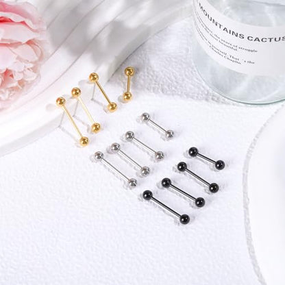 NEWITIN 48 Pieces 14G Stainless Steel Nipple Tongue Rings for Women Men | Hypoallergenic, Straight Barbells Piercing Jewelry Set, Silver Black Gold Bridge Piercings, Bar L 12-18mm, Ball Sz 5mm 6mm