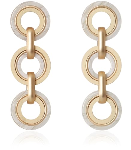 Ozel - Natural Wooden Acrylic Boho Drop Dangle Earrings for Women - Geometric Statement Jewellery - Brown, Black, Magent Red, Olive Green, White beige - color: 3Circle_White beige