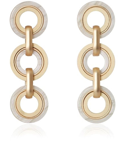 Ozel - Natural Wooden Acrylic Boho Drop Dangle Earrings for Women - Geometric Statement Jewellery - Brown, Black, Magent Red, Olive Green, White beige - color: 3Circle_White beige
