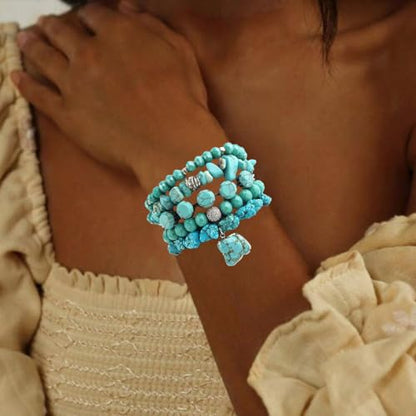 Yomisa Boho Beaded Bracelets/Bangle for Women,Multilayer 5/6/7PCS Healing Natural Handmade Stone Bead Bracelets Stackable Stretch Friendship Beaded Bracelet Set Trendy Western Bohemian Jewelry Gift - color: 5pcs-Turquoise