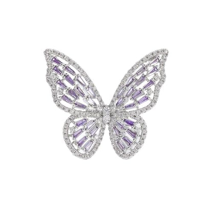 Butterfly Rings for Women Adjustable Golden Cocktail Ring Sparkly Stones Statement Silver Bow Open Wrap Bow Jewelry Bridesmaids Wedding Valentine’s Day Gift Lover Mother - color: JZ03-Silver Purple
