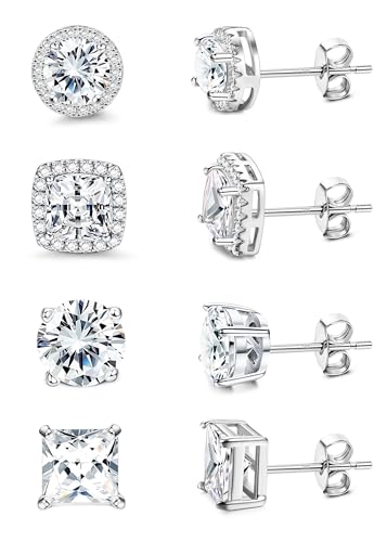 MILACOLATO S925 Sterling Silver Stud Earrings for Women Men Hypoallergenic 18K Gold Plated Cubic Zirconia Earrings Studs Brilliant Simulated Diamond Halo Earring for Sensitive Ears - style: 18K White Gold Plated - Medium Size CZ