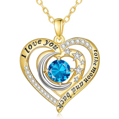 14K Gold I Love You to the Moon and Back Necklace for Women, Double Heart Birthstone Necklace, Moon Star Love Jewelry, Christmas Valentines Mothers Day Birthday Gifts for Wife Mom Girlfriend - color: 12-Dec Birthstone