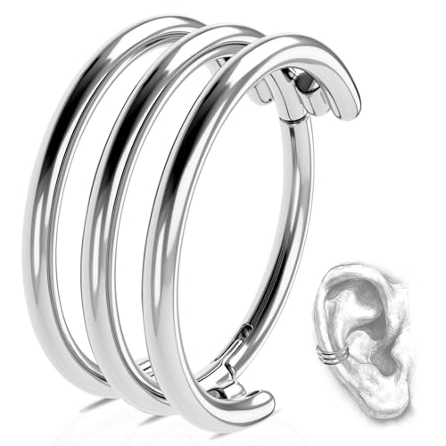 G23 Titanium Conch Piercing Jewelry Hoop: 16G 8mm/10mm/12mm Diamond Cartilage Earring Helix Double Piercing Hoop Septum Rings Hypoallergenic Nose Rings Hinged Segment Clicker Lip Rings Rook Daith Tragus Earrings - color: Silver-Triple Layers