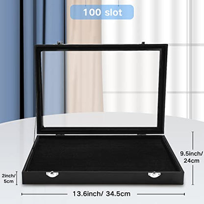 OSPNIEEK Ring Jewelry Organizer Box, 100 Slot Rings Display Storage Case Earring Showcase - Black Velvet Jewelry Stand Holder Tray with Transparent Glass Lid - Ideal Gift for Women Girls - size: 100 Slot