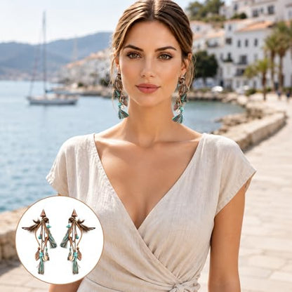 1 Pair Long Boho Feather Tassel Earrings for Women, Dangle Drop Vintage Ethnic Tribal Statement Jewelry Accessory