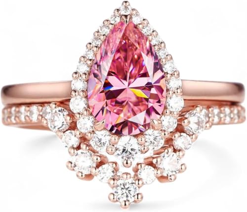 Vintage Pear Cut White Yellow Pink Green Blue Moissanite and Diamond Bridal Set 14K Rose Gold Halo Moissanite Engagement Wedding Set Promise Ring for Her Christmas Gift For Wife By SHREESHYAMJEWELLS - color: Pink Moissanite