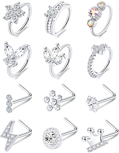 Akeoqi 12Pcs Nose Rings Stud L Shape Nose Rings Cubic Zirconia Butterfly Flower Eye Moon Crown Heart Lightning Shape Nose Studs Piercing Jewelry for Women Men Silver Gold Plated 20G - style: D:Crown&Ring