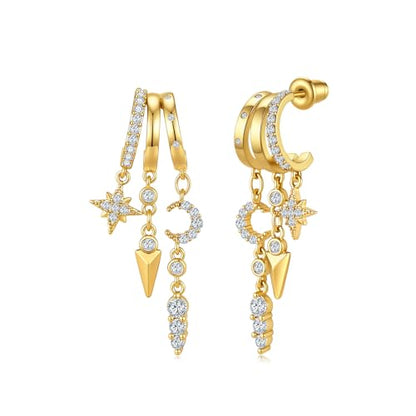 Cicy Bell Gold Earrings For Women 18k Gold Plated Triple Dangle Earrings | Hypoallergenic Drop Huggie Earrings Small Hoop Statement Chain Tassel Earrings Trendy Jewelry Gifts - color: Style A-Gold