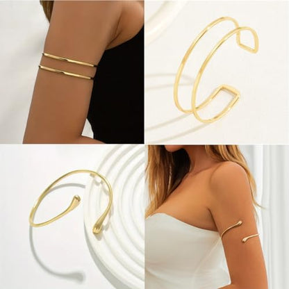 ItsStarred Minimalist Arm Cuff Gold Plated, Upper Arm Cuff Bangle Bracelet for Women, Adjustable Arm band Set 6 Pieces - color: A3: Gold Plated Starfish