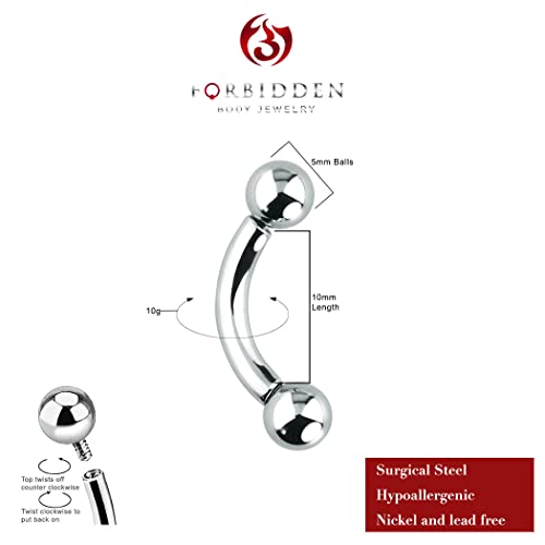 Forbidden Body Jewelry Curved Barbell Piercing Jewelry - 00GA-16GA Silver Eyebrow Piercing - Surgical Steel Snake Eye Frog Eyes Tongue Rings & Belly Rings for Women (6/14mm Bar, 3/12mm Balls) - style: 10GA, 10mm Length, 5mm Balls