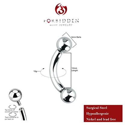 Forbidden Body Jewelry Curved Barbell Piercing Jewelry - 00GA-16GA Silver Eyebrow Piercing - Surgical Steel Snake Eye Frog Eyes Tongue Rings & Belly Rings for Women (6/14mm Bar, 3/12mm Balls) - style: 10GA, 10mm Length, 5mm Balls
