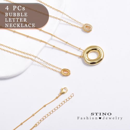 stino 4PCs Bubble Initial Letter Necklace Set, No Tarnish 14K Gold Plated Alphabet Pendant, Jewelry for Women - style: O