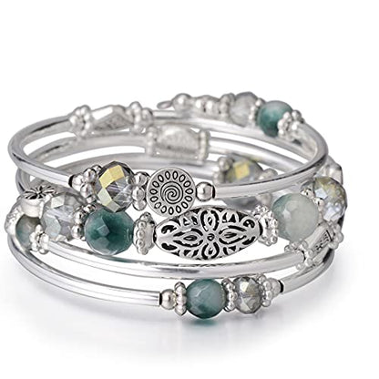 FULU AUTUMN Stackable Beaded Bracelets for Women Boho Wrap Silver Bracelet Layered Fashion Jewelry Gifts for Her - color: Green