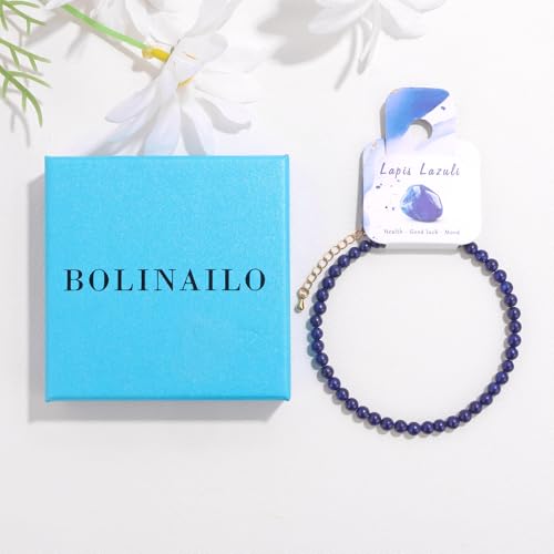 Natural Stone Beaded Anklets for Women, Handmade Boho Clear Quartz 4mm Crystal Beads Anklet, Gold Chain Adjustable Ankles Bracelet, Beach Summer Jewelry Gemstone Foot Bracelet Gift - color: Lapis Lazuli