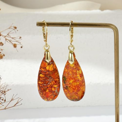 Natural Healing Teardrop Stone Leverback Dangle Drop Earrings Statement Gold earrings - color: Orange -Gold