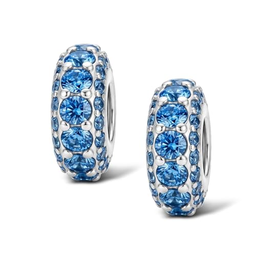 KEQ 925 Silver Spacer Stopper Bead Charms Clearance for Pandora Bracelets Birthstone CZ Always Stopper Birthday Gifts for Mom Grandmom Granddaughter Wife Sisters Friends - color: White Blue(2 Pcs)