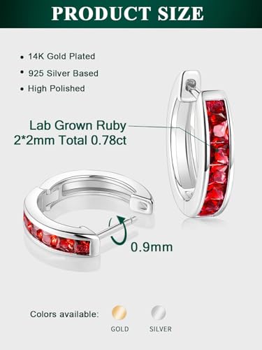 Chunky Emerald Sapphire Ruby Hoop Earrings, Princess or Round Cut, 14k Yellow Gold Plated Sterling Silver Cubic Zirconia Huggie Earings Minimalist Hoops Earrings for Women Wedding Daily Birthday - style: Princess cut -Ruby -Silver