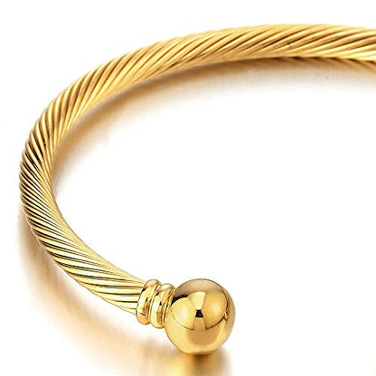 COOLSTEELANDBEYOND Elastic Adjustable Stainless Steel Cuff Bangle Bracelet for Mens Womens - color: B-Metal Color: Gold