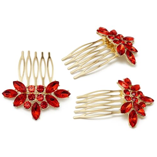Bridal Crystal Hair Piece with Comb 3 Pieces Small Rhinestone Wedding Gold Hair Pins Accessories for Women Girls (Red) - color: Red