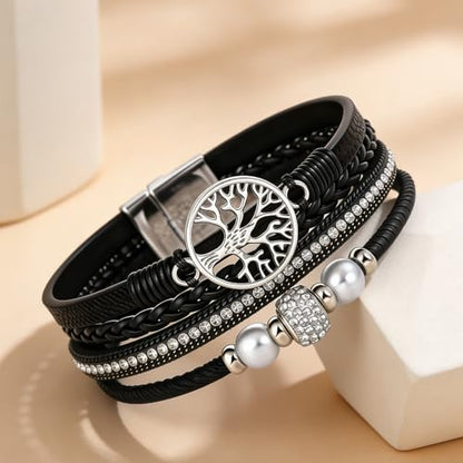hotoo Leather Wrap Bracelets for Women Tree of Life Cuff Bracelets Pearl Rhinestone Bead Multi-Layer Bracelets Bohemian Jewelry Gift for Women - color: Black