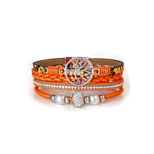 hotoo Leather Wrap Bracelets for Women Tree of Life Cuff Bracelets Pearl Rhinestone Bead Multi-Layer Bracelets Bohemian Jewelry Gift for Women - color: Orange