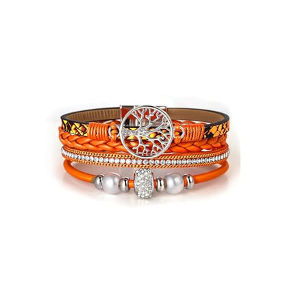 hotoo Leather Wrap Bracelets for Women Tree of Life Cuff Bracelets Pearl Rhinestone Bead Multi-Layer Bracelets Bohemian Jewelry Gift for Women - color: Orange