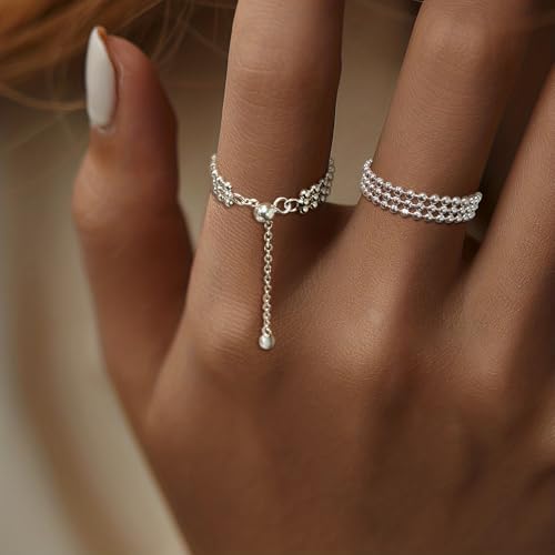 925 Sterling Silver Adjustable Link Chain Rings for Women Daughter | Dainty 14k Gold Plated Evil Eye/Cross/Flower Ring Sparkly Twist Rope with Bead Dangle Stackable Ring Jewelry Birthday Gifts - color: Style 2-Silver