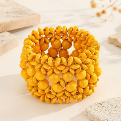 Bohemian Multicolor Natural Wooden Beads Woven Stretch Bracelets Retro Thick Coconut Shell Wood Beaded Elastic Wristband Bracelet Wide Chunky Ethnic Bangles for Women Holiday Jewelry Gifts - style: StyleD