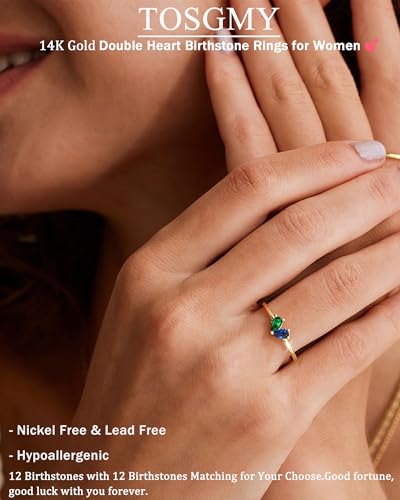 Mothers Day Gifts Gold Heart Birthstone Rings for Women Non Tarnish Stackable Pinky Ring Dainty 14K Gold Plated CZ Gemstone Ring Wedding Promise Ring Birthday Jewelry Gift for Mom - color: 02-09.february(amethyst)-september(sapphire)